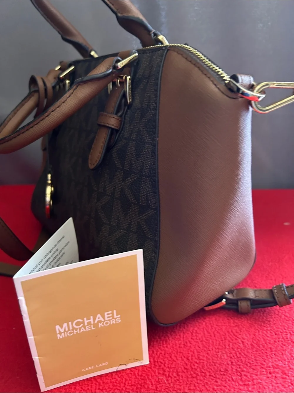 Michael Kors Ciara Brown and black Signature Logo Satchel with Gold Hardware